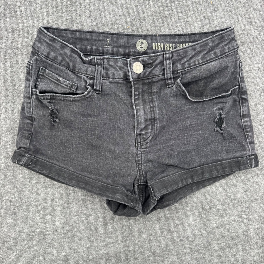 SO Womens High Rise Shortie Distressed Black Denim Jean Shorts Size 7 Cuffed